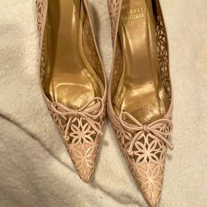 Stuart Weitzman Lace and mesh nude kitten heel